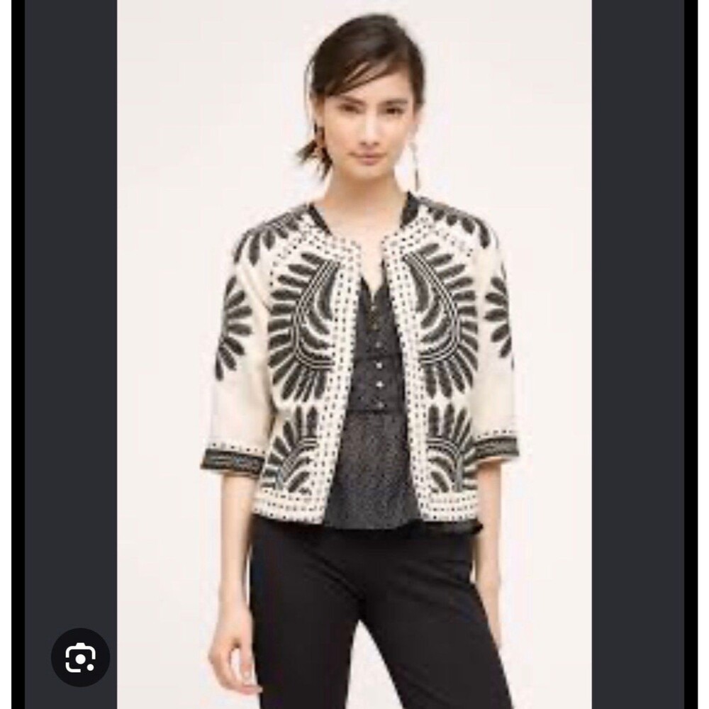 Anthropologie Elevenses Embroidered Black & Ivory Jacket Open Front Boho XS